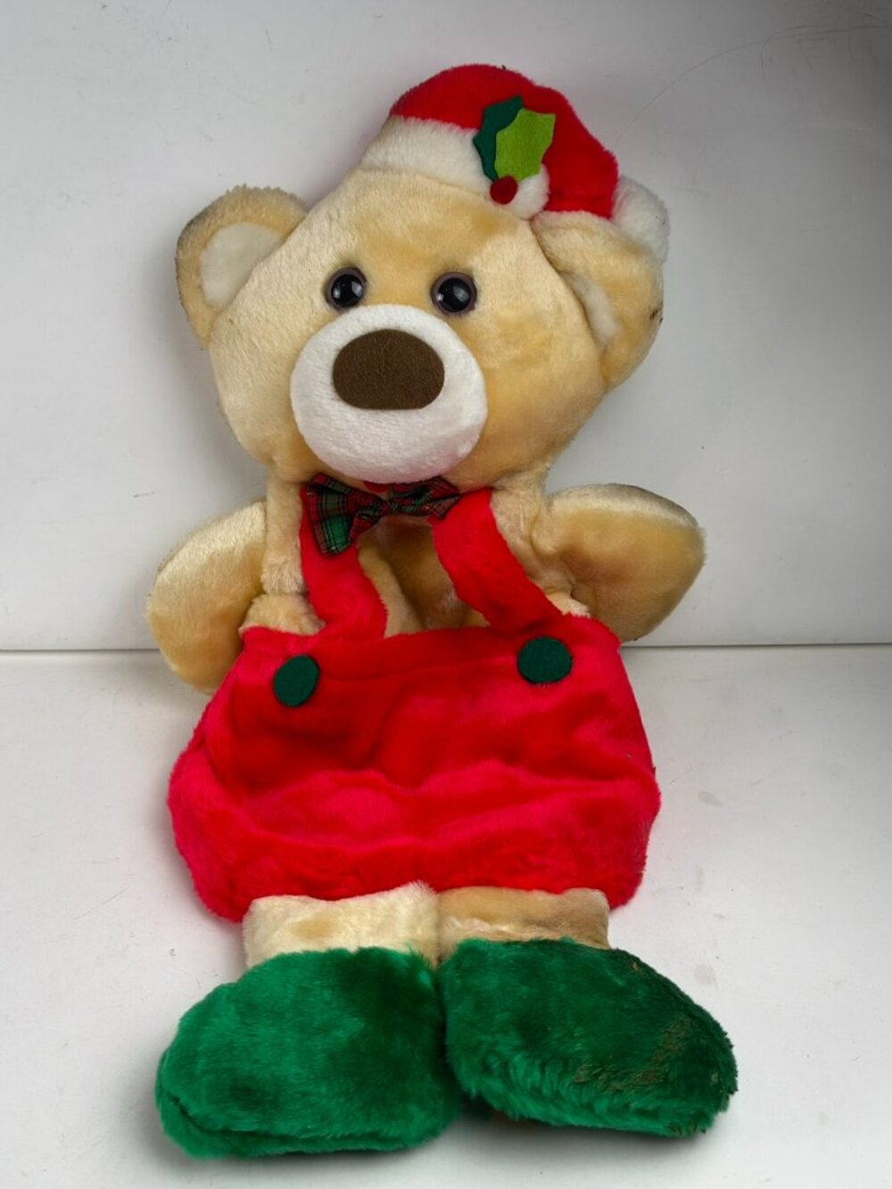 Vintage Christmas Bear Plush Hand Puppet Red Overalls Santa Hat Stains 11" AS IS